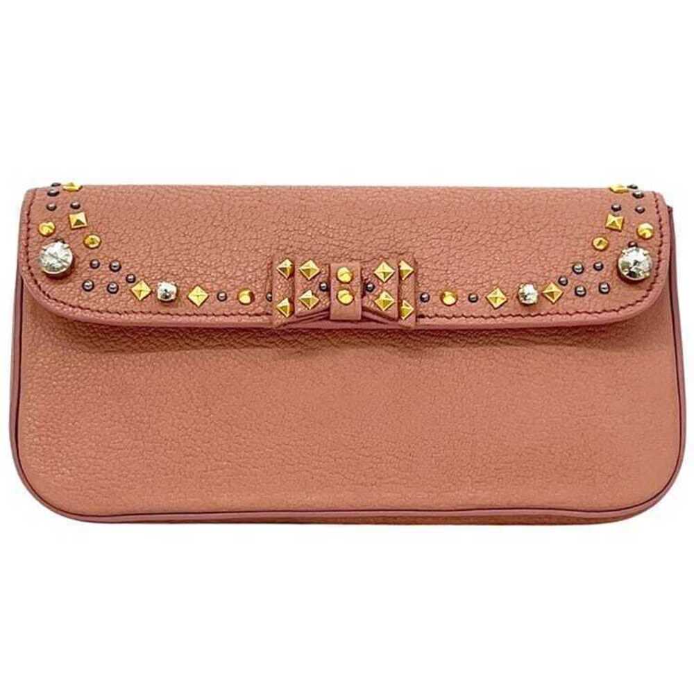 Miu Miu Clutch Bag Ribbon Miu Leather Rhinestones Pink